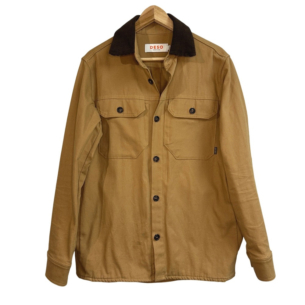Men's Tan Button-Down Casual Shirt Jacket with Contrast Collar